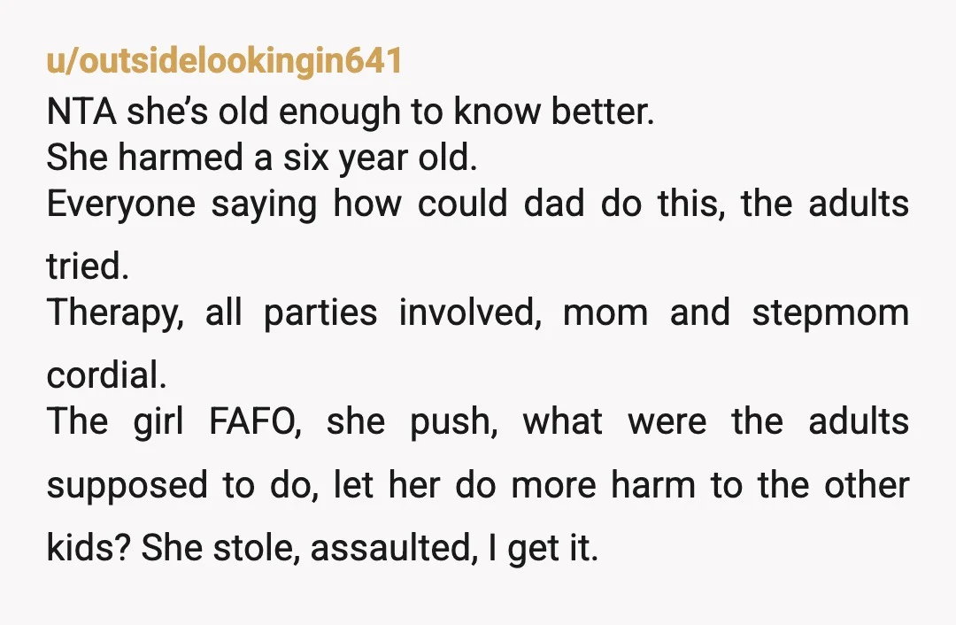 u/OkGazelle5400 Your very young daughter has struggled since the age of 6 with your separation and has difficulty at her dad’s house which has escalated. This is her parents’ response??...