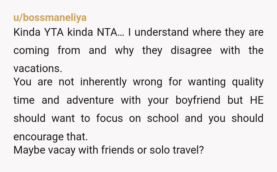 u/LeadInfinite6220
NTA — but his parents don’t like you and — I’m guessing — subconsciously blame you for his academic situation.