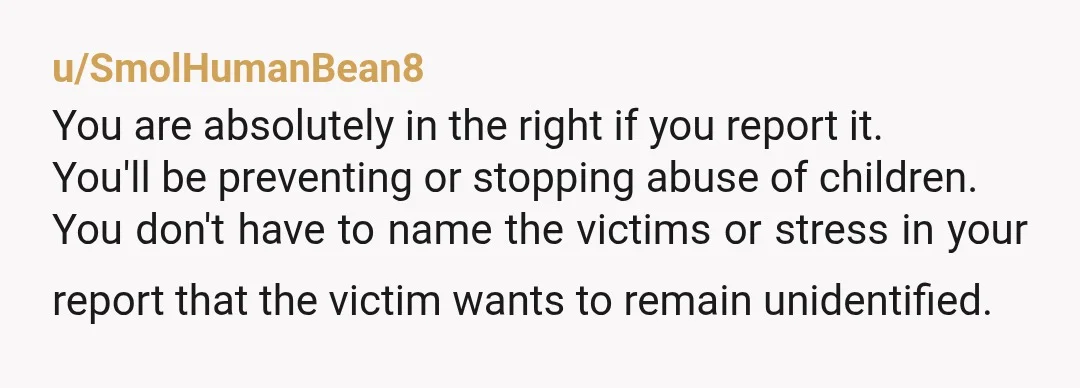u/SmolHumanBean8 You are absolutely in the right if you report it. You'll be preventing or stopping abuse of children. You don't have to name the victims or stress in your...