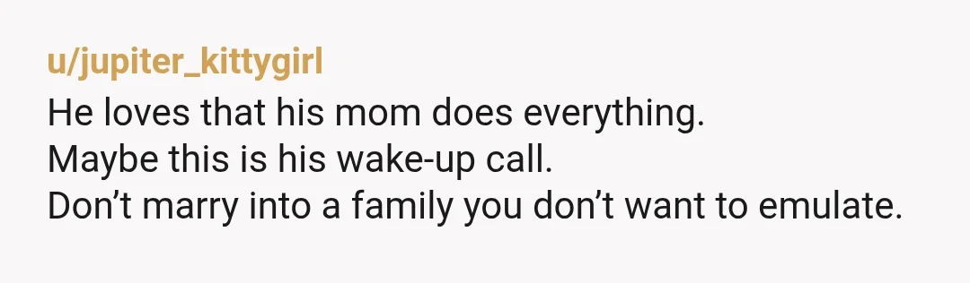 u/Informal-Name3181
Oh no! My MIL did everything for her boys.
My husband now resents me for not being her.
It's awful.
Run while you can.