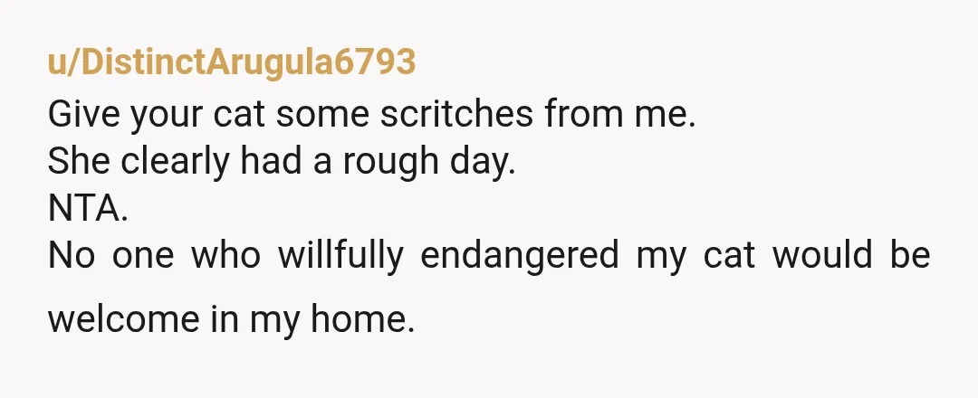 u/DistinctArugula6793
Give your cat some scritches from me.
She clearly had a rough day.
NTA.
No one who willfully endangered my cat would be welcome in my home.