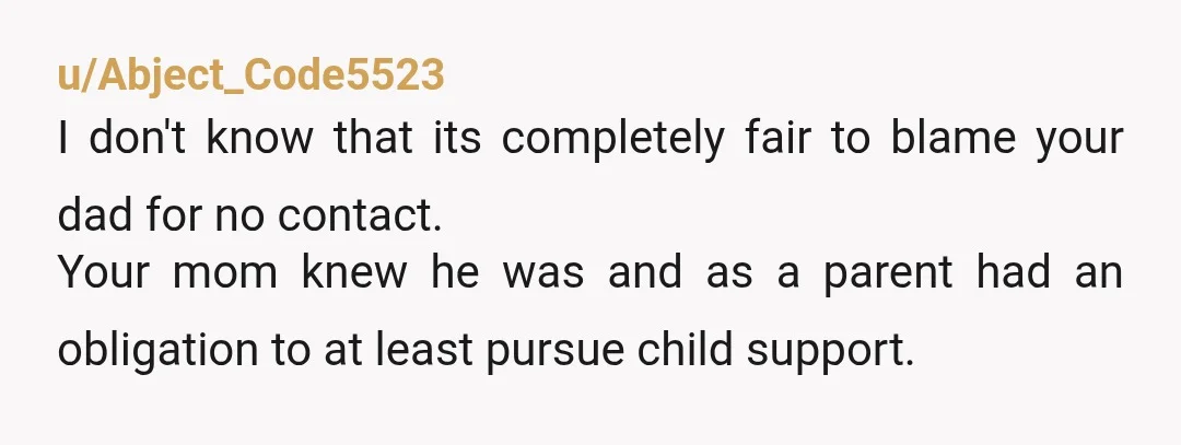 u/Abject_Code5523 I don't know that its completely fair to blame your dad for no contact. Your mom knew he was and as a parent had an obligation to at least...
