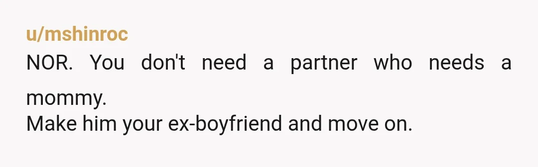 u/mshinroc
NOR. You don't need a partner who needs a mommy.
Make him your ex-boyfriend and move on.