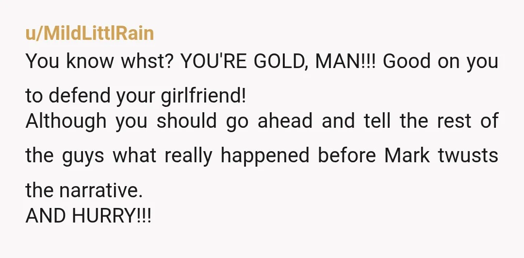 u/MildLittlRain You know whst? YOU'RE GOLD, MAN!!! Good on you to defend your girlfriend! Although you should go ahead and tell the rest of the guys what really happened before...