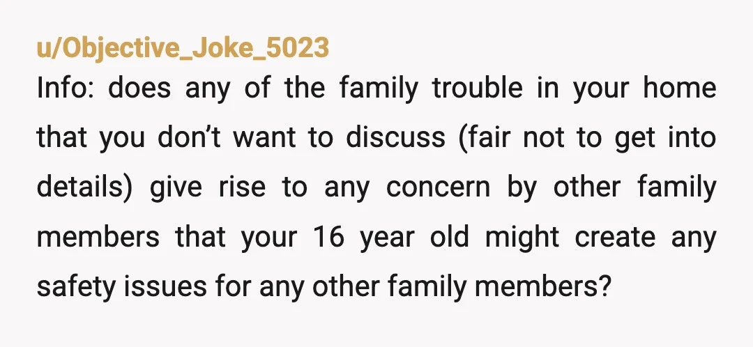 u/Objective_Joke_5023 Info: does any of the family trouble in your home that you don’t want to discuss (fair not to get into details) give rise to any concern by other...