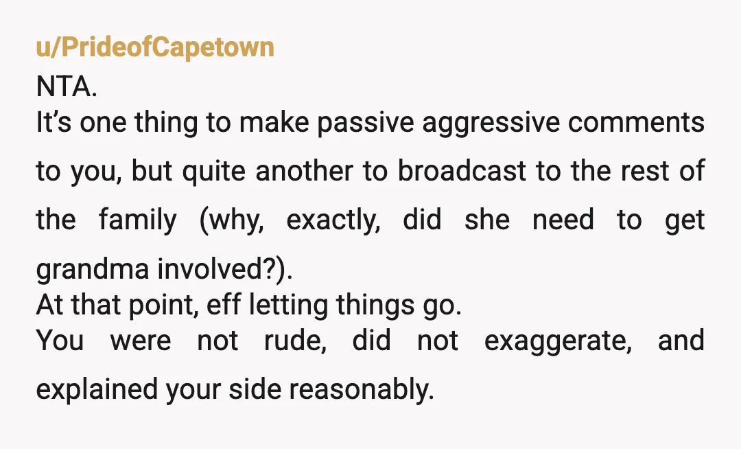 u/Striking_Emu_Dancer NTA, but your Aunt is. Tell your sister to mind her business, and as for your Aunt, tell her she's under no obligation to stay at your house let...