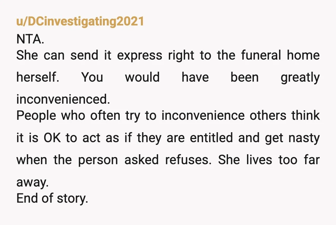 u/Tabby_Mc
If only someone could come up with a delivery system where you paid a company to pick something up and take it somewhere else on your behalf...
NTAH