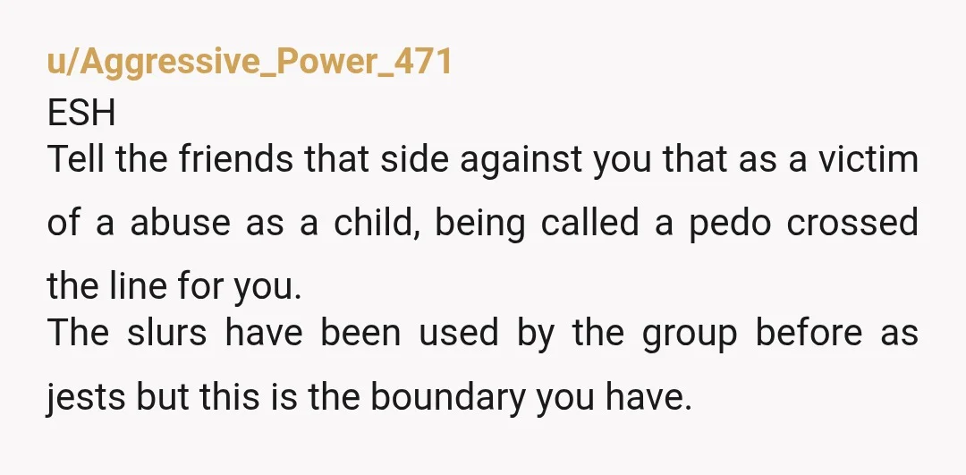 u/Aggressive_Power_471 ESH Tell the friends that side against you that as a victim of a abuse as a child, being called a pedo crossed the line for you. The slurs...