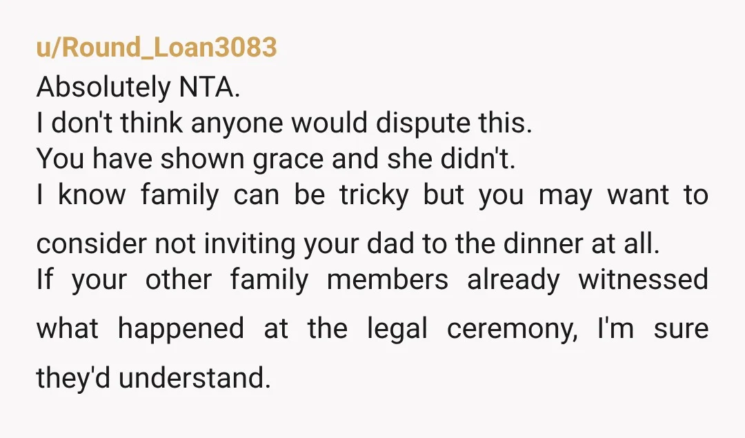 u/Round_Loan3083 Absolutely NTA. I don't think anyone would dispute this. You have shown grace and she didn't. I know family can be tricky but you may want to consider not...