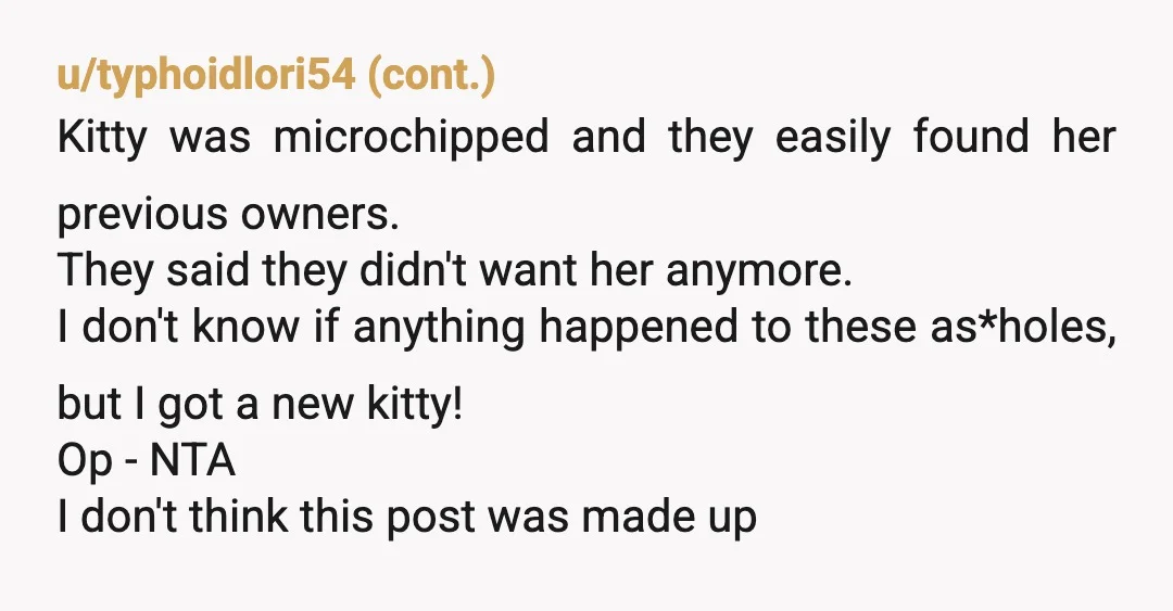 I was quick to persecute when I don't know her or the situation. What about the cat's situation?