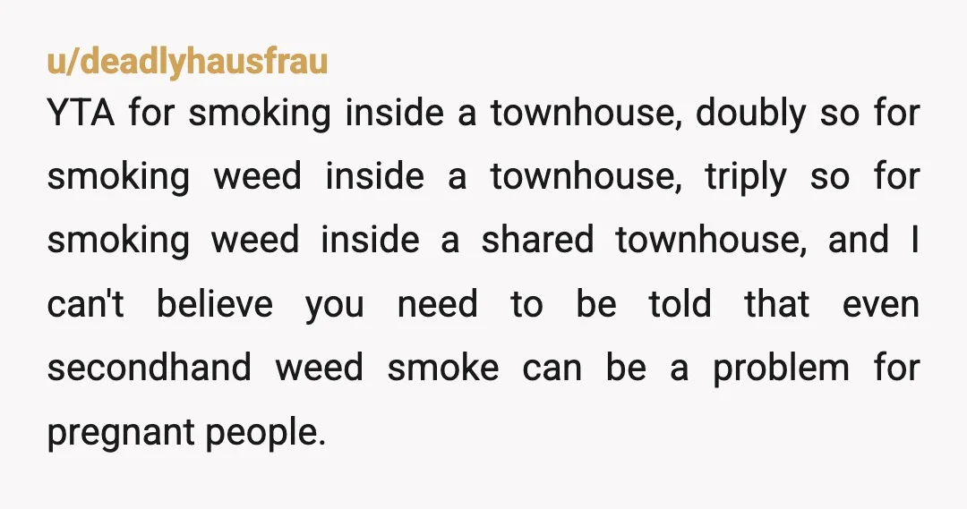 u/deadlyhausfrau YTA for smoking inside a townhouse, doubly so for smoking weed inside a townhouse, triply so for smoking weed inside a shared townhouse, and I can't believe you need...