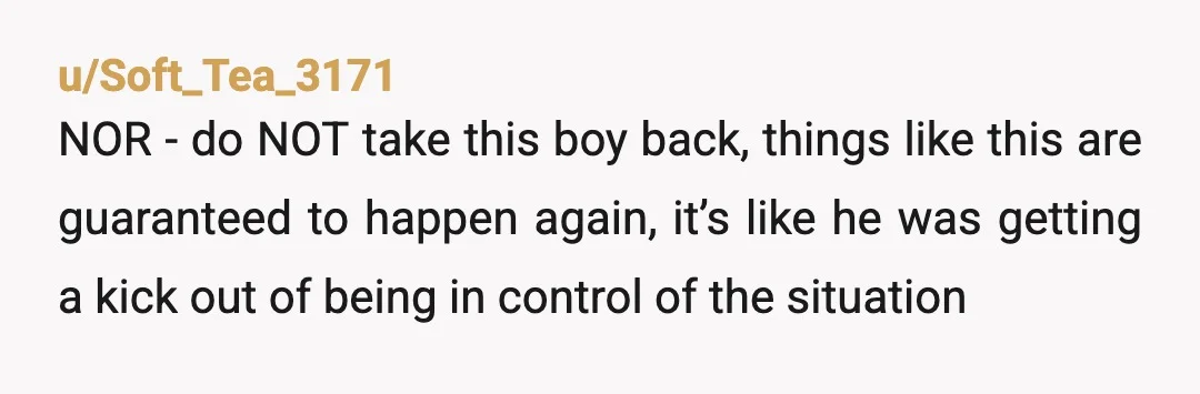 u/Soft_Tea_3171 NOR - do NOT take this boy back, things like this are guaranteed to happen again, it’s like he was getting a kick out of being in control of...