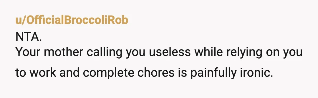 u/OfficialBroccoliRob
NTA.
Your mother calling you useless while relying on you to work and complete chores is painfully ironic.