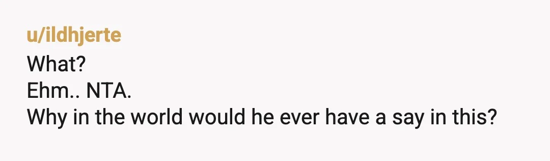 u/ildhjerte
What?
Ehm.. NTA.
Why in the world would he ever have a say in this?