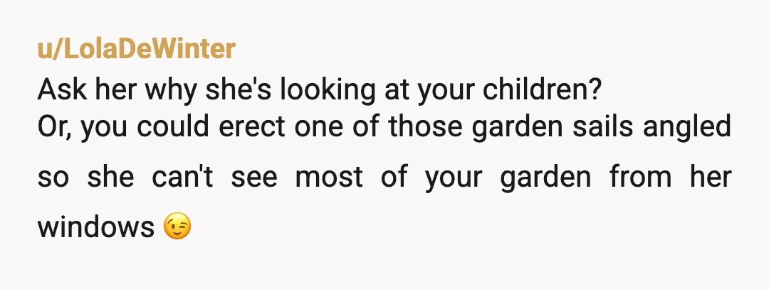 u/Formal_Fail6284
Tell your neighbor you find it creepy that she is staring into your back yard.