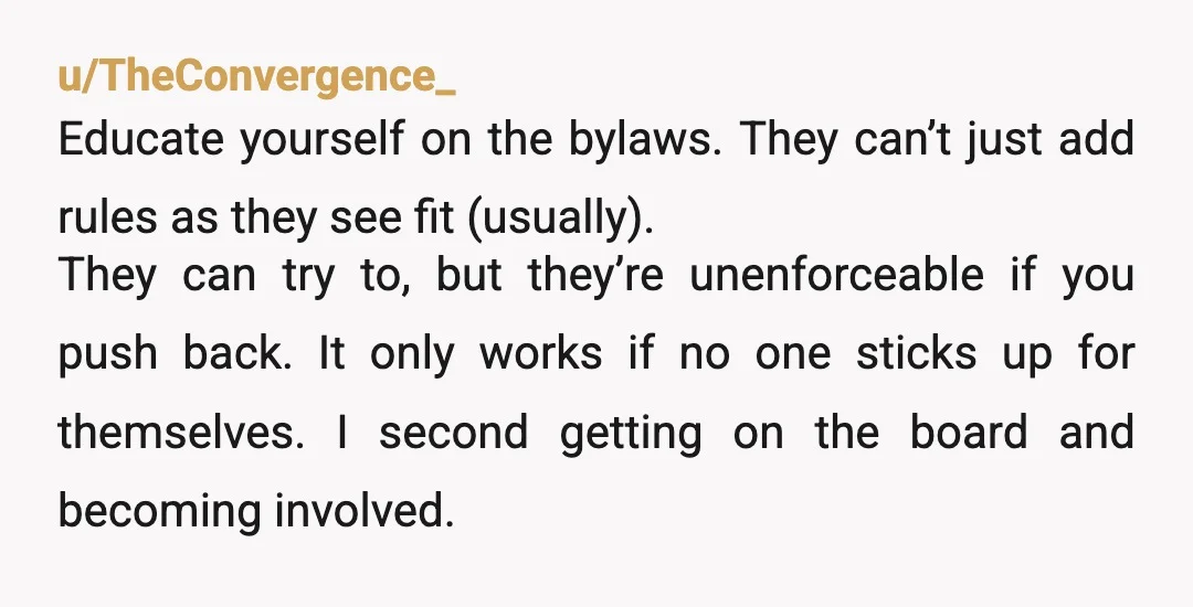 u/TheConvergence_ Educate yourself on the bylaws. They can’t just add rules as they see fit (usually). They can try to, but they’re unenforceable if you push back. It only works...
