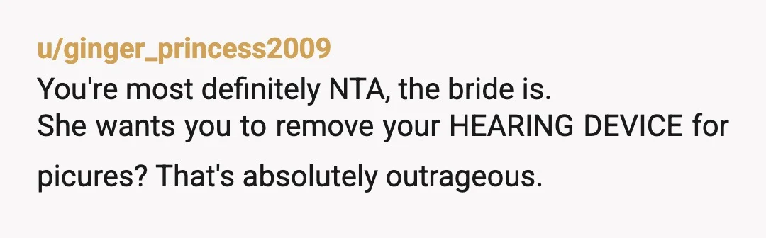 u/A_Baby_Hera "However, Anna persisted, saying she would position me on the end so I could lip read, and offered to have the hairstylist cover the empty spot with some curls...