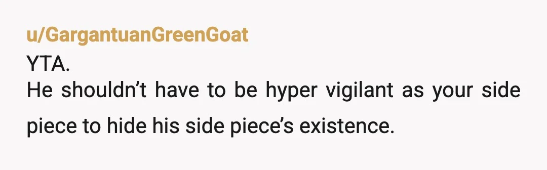u/GargantuanGreenGoat
YTA.
He shouldn’t have to be hyper vigilant as your side piece to hide his side piece’s existence. 