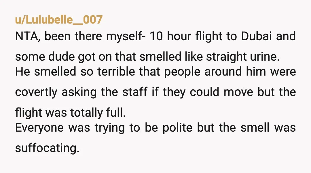 u/Lulubelle__007 NTA, been there myself- 10 hour flight to Dubai and some dude got on that smelled like straight urine. He smelled so terrible that people around him were covertly...