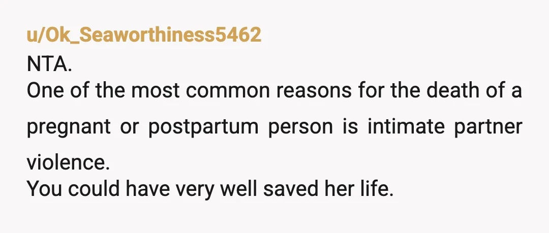 u/Ok_Seaworthiness5462
NTA.
One of the most common reasons for the death of a pregnant or postpartum person is intimate partner violence.
You could have very well saved her life.
