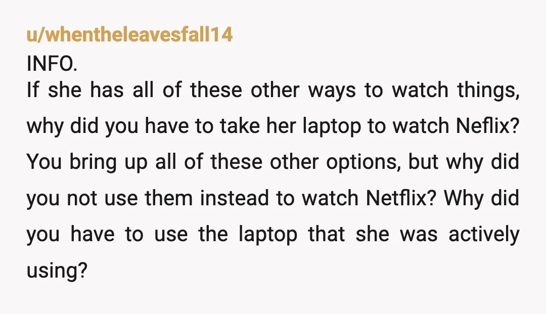 u/whentheleavesfall14 INFO. If she has all of these other ways to watch things, why did you have to take her laptop to watch Neflix? You bring up all of these...