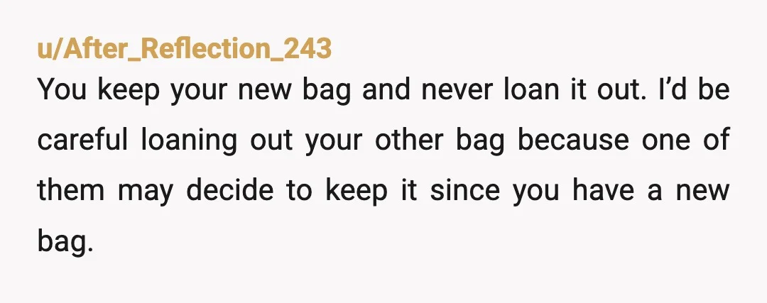 u/After_Reflection_243 You keep your new bag and never loan it out. I’d be careful loaning out your other bag because one of them may decide to keep it since you...