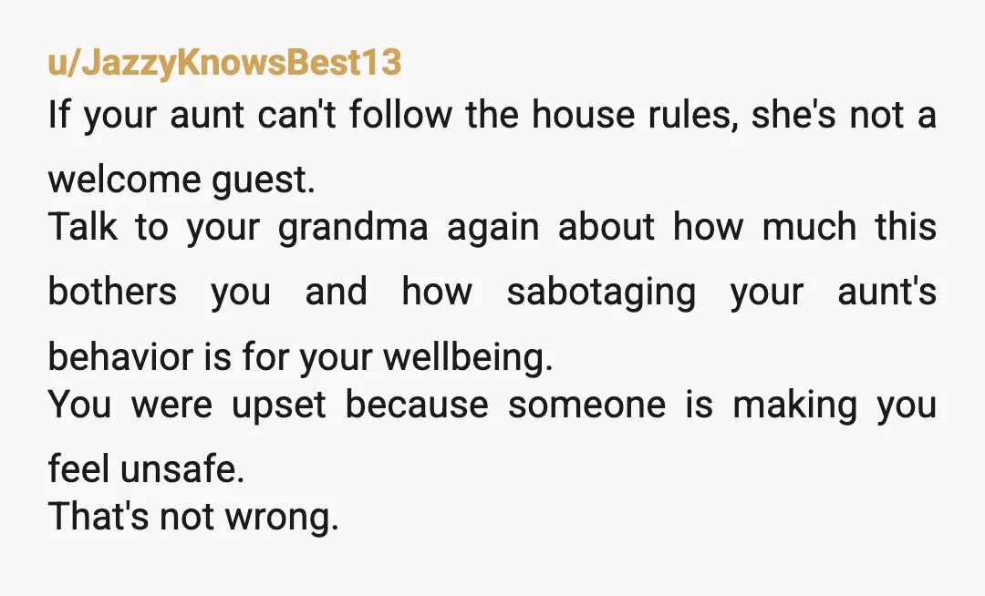 u/JazzyKnowsBest13 If your aunt can't follow the house rules, she's not a welcome guest. Talk to your grandma again about how much this bothers you and how sabotaging your aunt's...