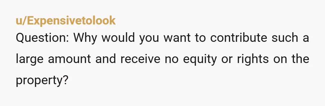 u/Expensivetolook Question: Why would you want to contribute such a large amount and receive no equity or rights on the property?