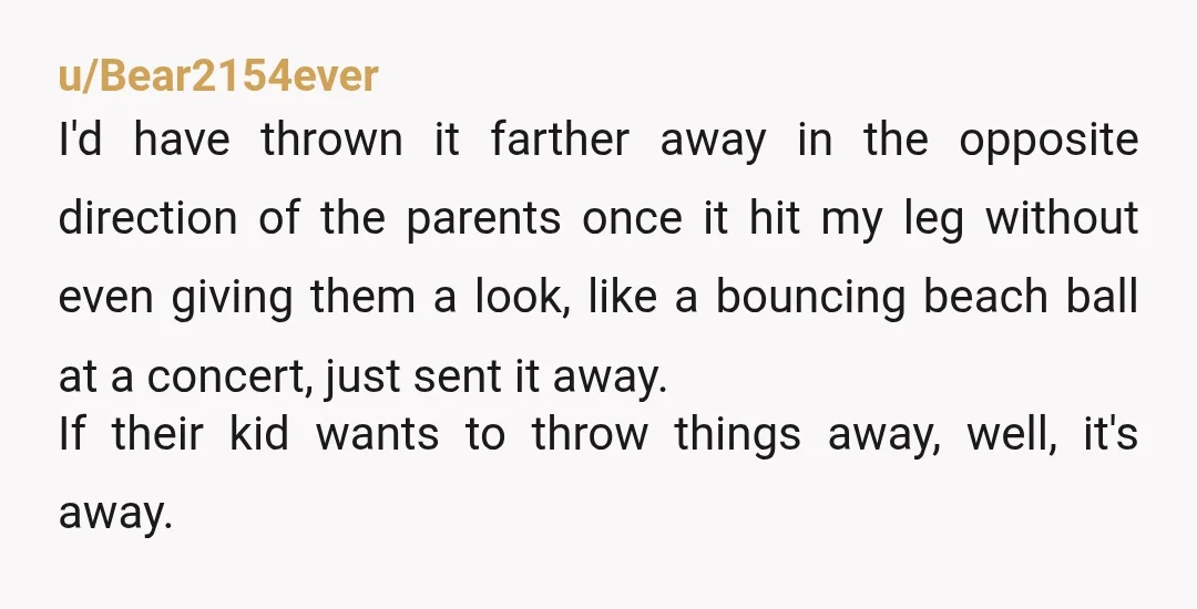 u/Bear2154ever I'd have thrown it farther away in the opposite direction of the parents once it hit my leg without even giving them a look, like a bouncing beach ball...