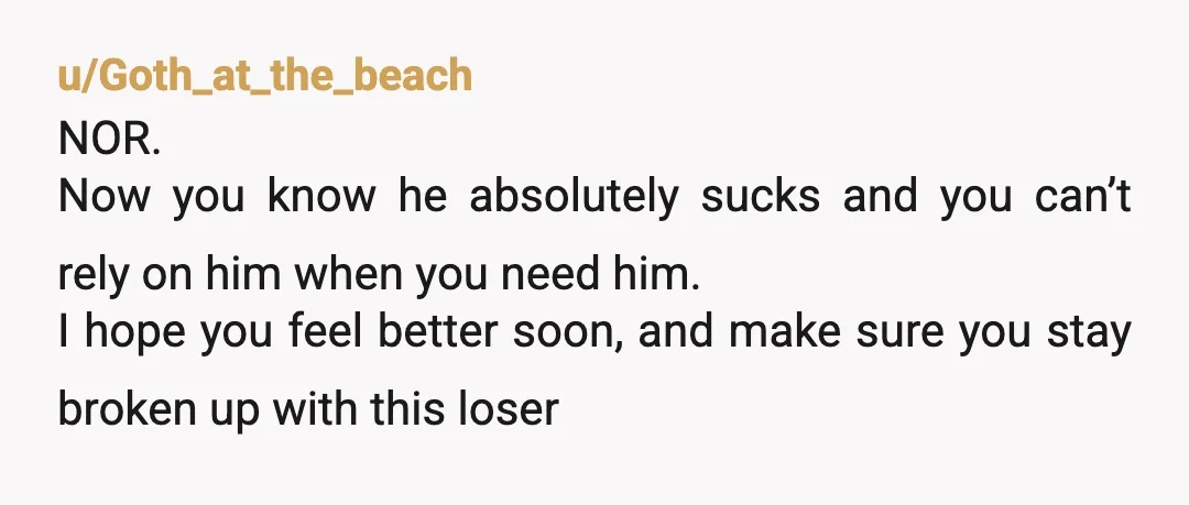 u/Goth_at_the_beach NOR. Now you know he absolutely sucks and you can’t rely on him when you need him. I hope you feel better soon, and make sure you stay broken...