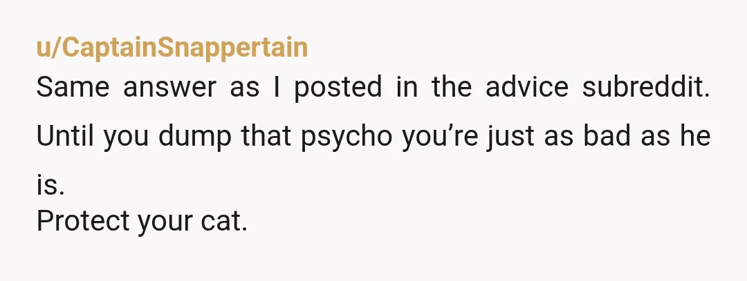 u/Spacecowboy_214
NOR… Girl break up with him immediately.
I wouldn’t be surprised if he abuses the cat physically while you aren’t around..