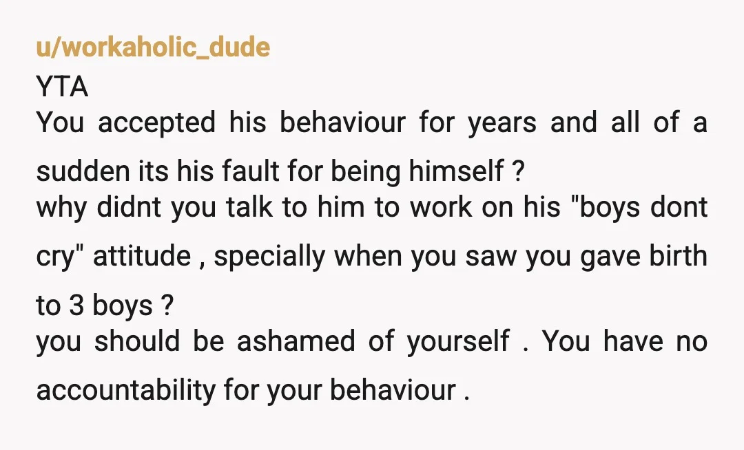 u/cyicat NTA. Oof. Your husband picked the worst possible moment to walk in with that attitude. Kyle finally felt safe enough to break down with you. That is a huge...