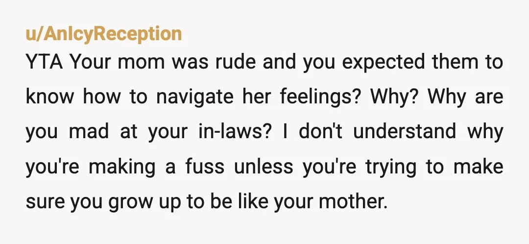 u/AnIcyReception YTA Your mom was rude and you expected them to know how to navigate her feelings? Why? Why are you mad at your in-laws? I don't understand why you're...