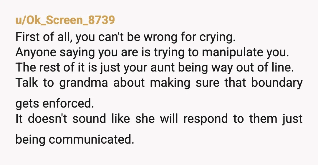 u/Ok_Screen_8739 First of all, you can't be wrong for crying. Anyone saying you are is trying to manipulate you. The rest of it is just your aunt being way out...