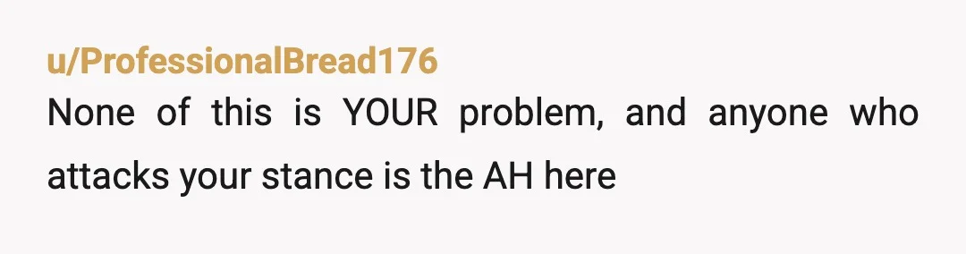u/ProfessionalBread176
None of this is YOUR problem, and anyone who attacks your stance is the AH here