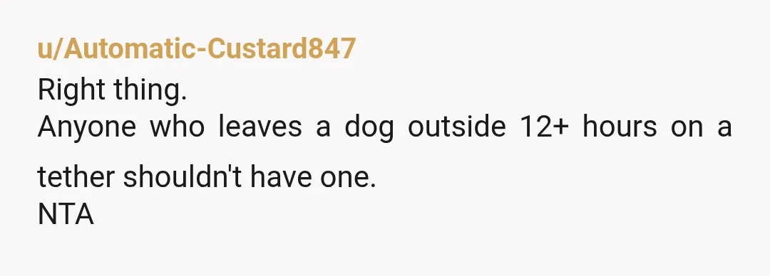 u/Automatic-Custard847
Right thing.
Anyone who leaves a dog outside 12+ hours on a tether shouldn't have one.
NTA