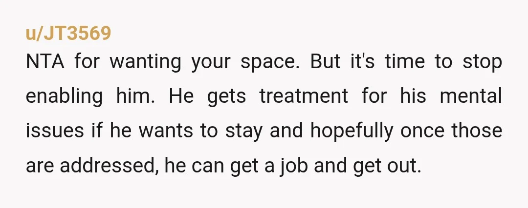 u/JT3569 NTA for wanting your space. But it's time to stop enabling him. He gets treatment for his mental issues if he wants to stay and hopefully once those are...