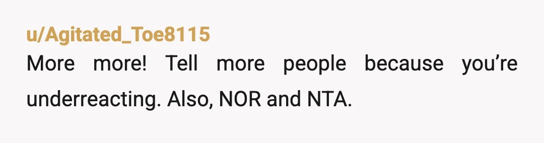 u/Agitated_Toe8115
More more! Tell more people because you’re underreacting. Also, NOR and NTA.