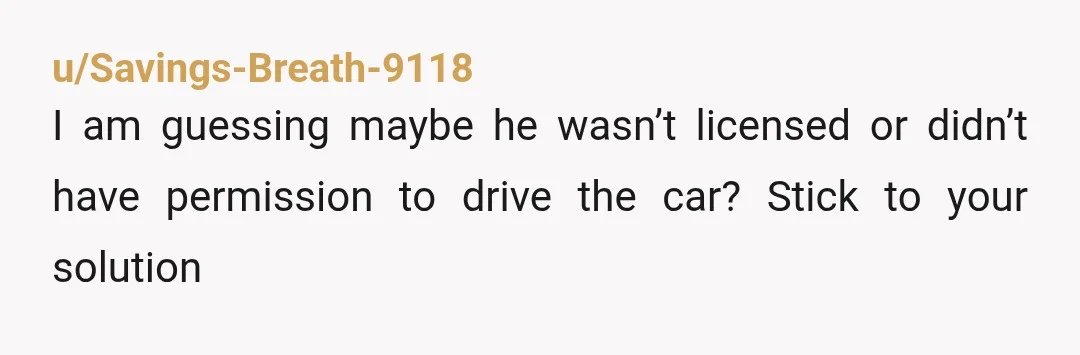 u/Savings-Breath-9118
I am guessing maybe he wasn’t licensed or didn’t have permission to drive the car? Stick to your solution