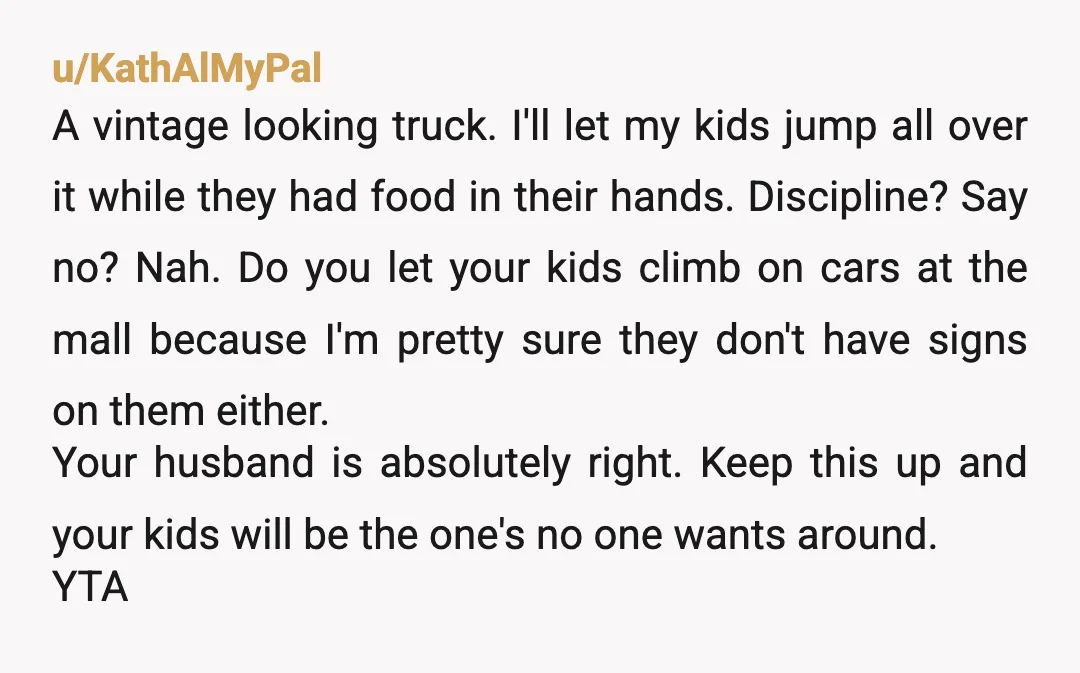 u/KathAlMyPal A vintage looking truck. I'll let my kids jump all over it while they had food in their hands. Discipline? Say no? Nah. Do you let your kids climb...
