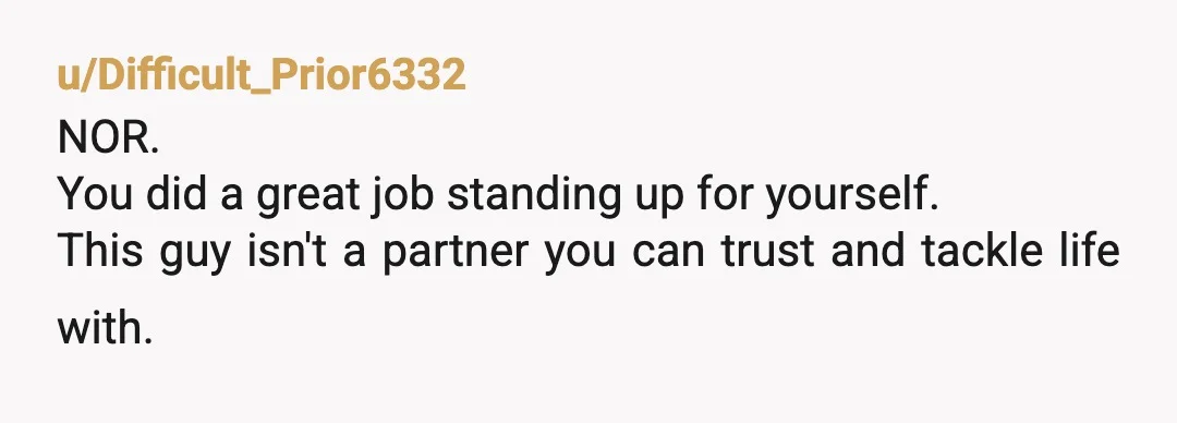 u/Difficult_Prior6332
NOR.
You did a great job standing up for yourself.
This guy isn't a partner you can trust and tackle life with.