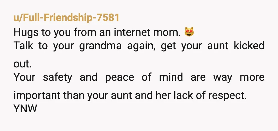 u/Full-Friendship-7581 Hugs to you from an internet mom. 😻 Talk to your grandma again, get your aunt kicked out. Your safety and peace of mind are way more important than...