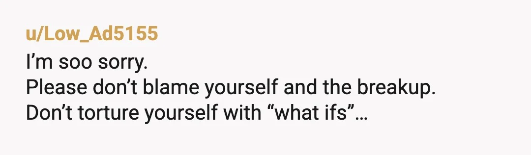 u/Low_Ad5155
I’m soo sorry.
Please don’t blame yourself and the breakup.
Don’t torture yourself with “what ifs”…