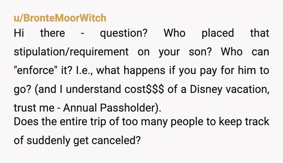 u/BronteMoorWitch Hi there - question? Who placed that stipulation/requirement on your son? Who can "enforce" it? I.e., what happens if you pay for him to go? (and I understand cost$$$...