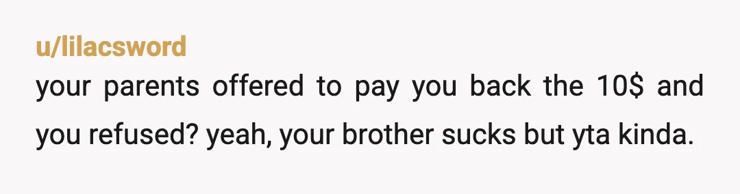 u/AbsurdDaisy
YTA.
Your parents offered to pay you back.
You were being stubborn wanting your brother to pay for it.