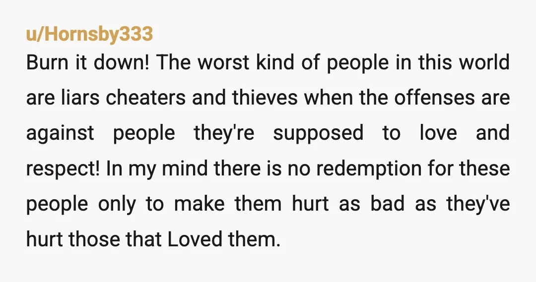 u/Hornsby333 Burn it down! The worst kind of people in this world are liars cheaters and thieves when the offenses are against people they're supposed to love and respect! In...