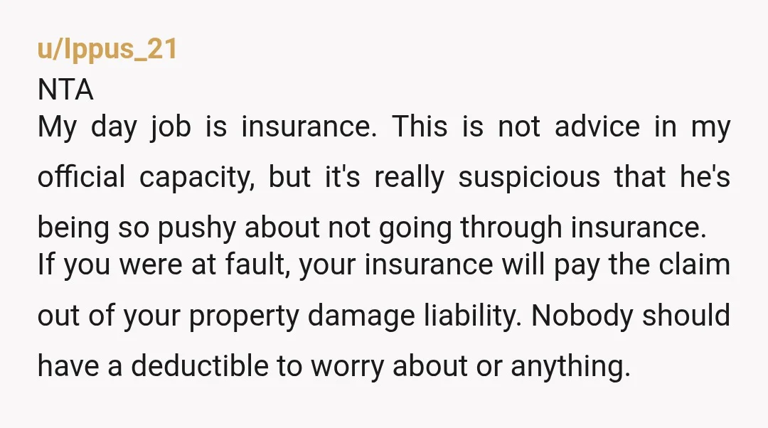 u/Ippus_21 NTA My day job is insurance. This is not advice in my official capacity, but it's really suspicious that he's being so pushy about not going through insurance. If...