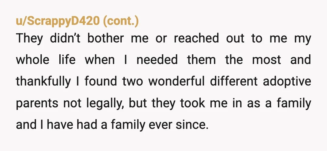 u/MissMurderpants Aunt, I do not regret a relationship that never was. You and uncle are such good people and I’m really glad you’ve never had to live and deal with...
