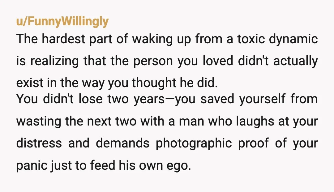 u/FunnyWillingly The hardest part of waking up from a toxic dynamic is realizing that the person you loved didn't actually exist in the way you thought he did. You didn't...