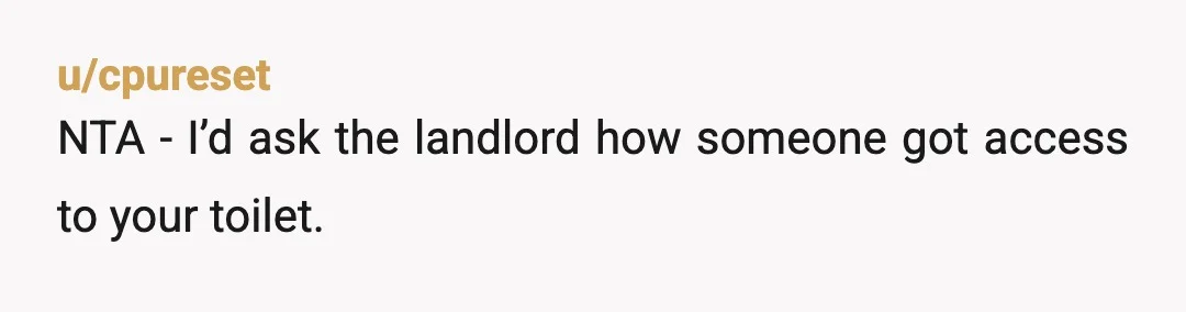 u/cpureset
NTA - I’d ask the landlord how someone got access to your toilet.